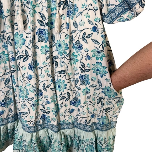 Puff-Sleeve Mini Swing Dress Boho Floral Mumu Pockets Cotton Old Navy Blue Sz L - Picture 5 of 8